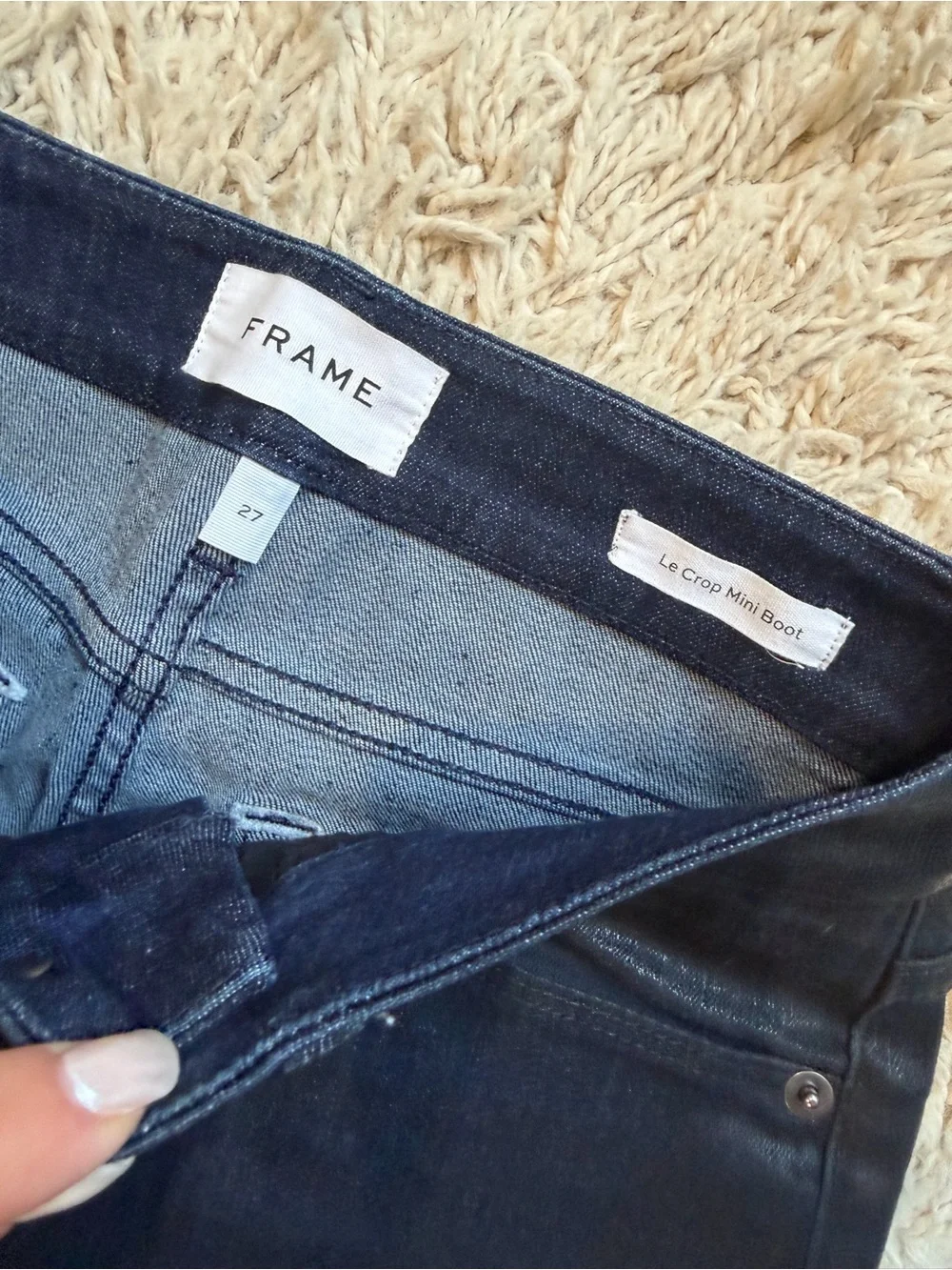 FRAME Le Crop Mini Boot Coated Jeans Epicure Dark Indigo Waxed Denim - Picture 4 of 8
